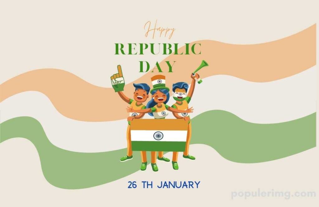 There Are 3 Children In This Image, A Girl Is Holding The Tricolor, 2 Boys Are Standing Behind Her, 3 Are Celebrating.