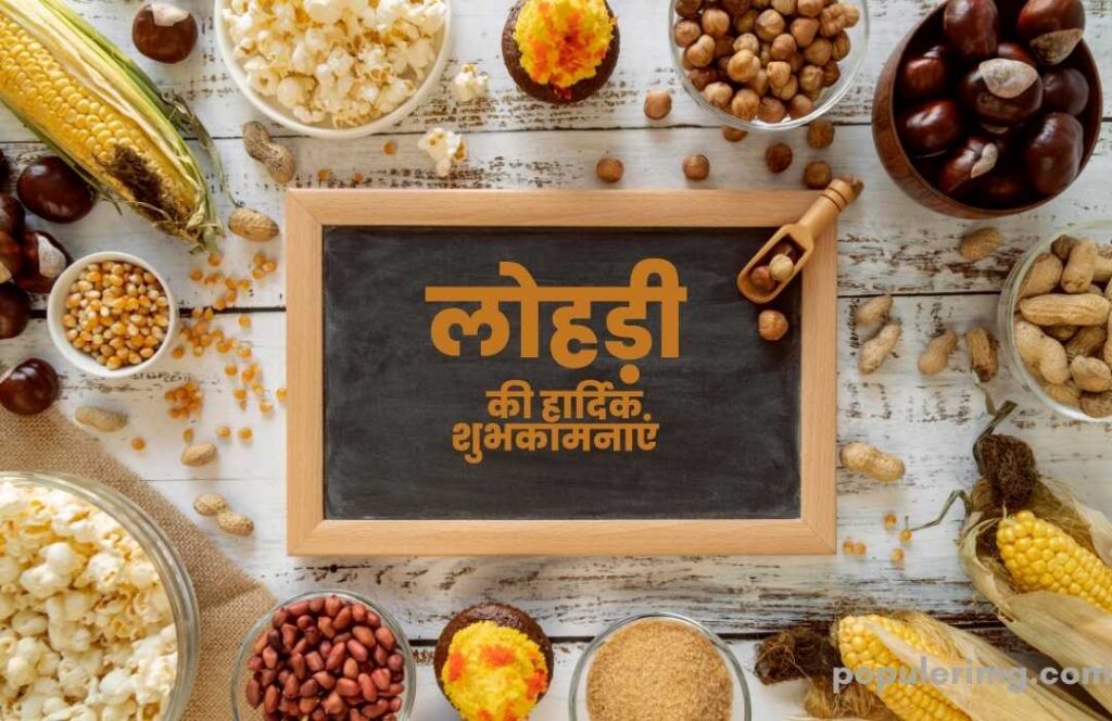 In This Picture, It Is Written On The Slate That The Best Wishes Of Lohri Are There And There Are Things To Eat Around It.
