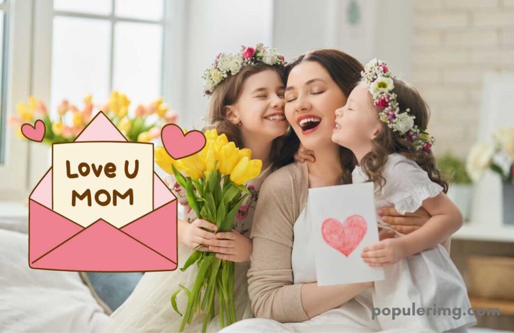 Cute Two Girls Hugging Their Mom Giving Yellow Flowers And An Envelope (Happy Mother'S Day)