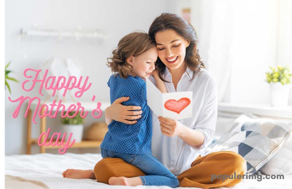 Smiling Girl Sitting On Mother'S Lap Giving Cute Envelope (Happy Mother'S Day)