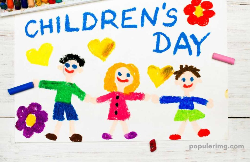 A Cartoon Picture Of Three  Children Appears Happy Children'S Day