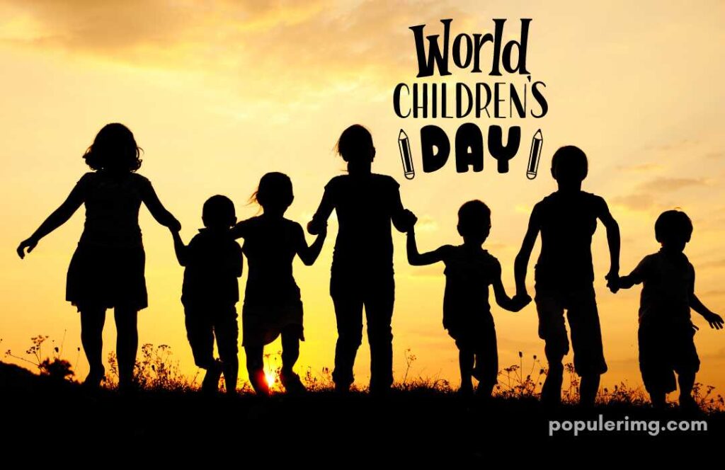 While The Sun Is Setting, Some Children Are Seen Playing Games And Holding Hands  (Happy Children'S Day)