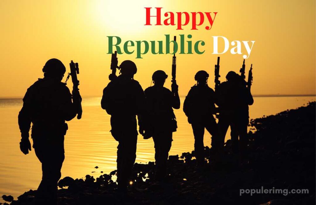 6 Young Men With Guns In Their Hands Are Walking Along The Banks Of The River  

(Happy Republic Day)