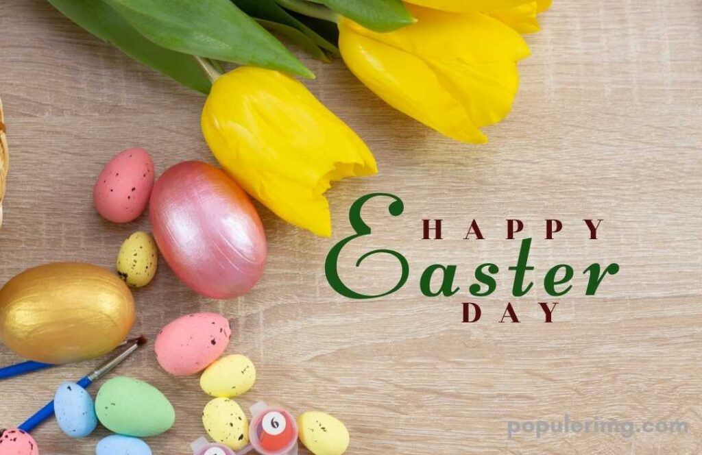 Yellow Flatware And Colorful Egg And Happy Easter Day 