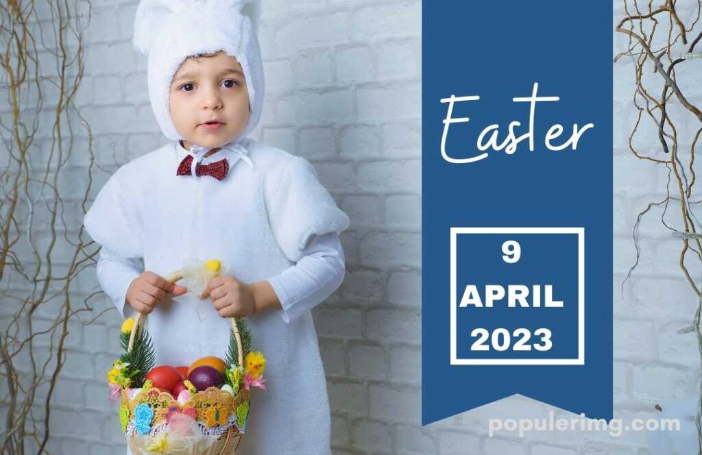 The Image Features A Cute Adorable Baby Girl Holding A Basket In One Hand. Inside The Basket Are Some Colorful Balls And Are Wishing Happy Easter Day.