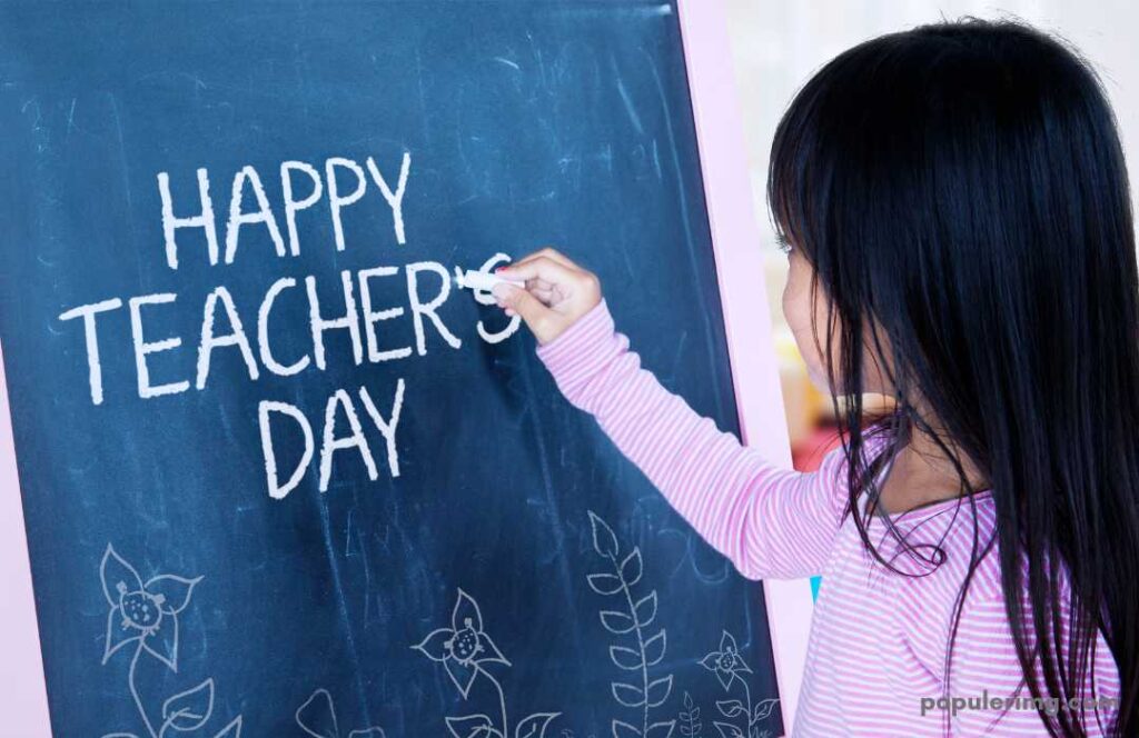 Happy Teachers Day Cute Little Students Writing On The Board