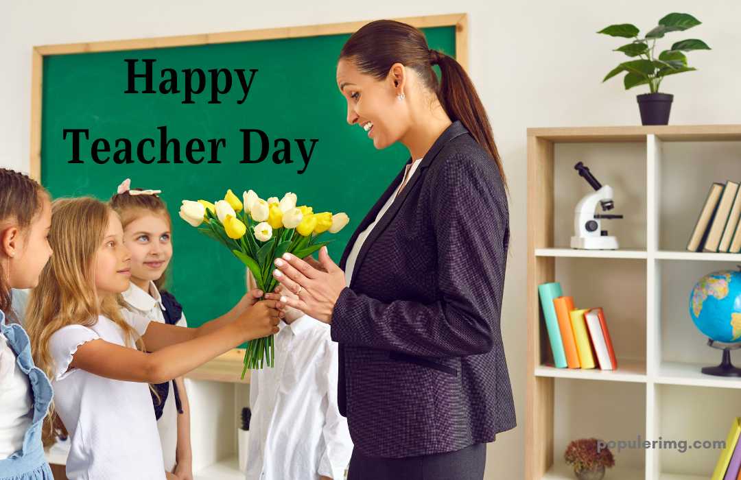 Three Girls Giving Beautiful Flowers Smile To The Teacher