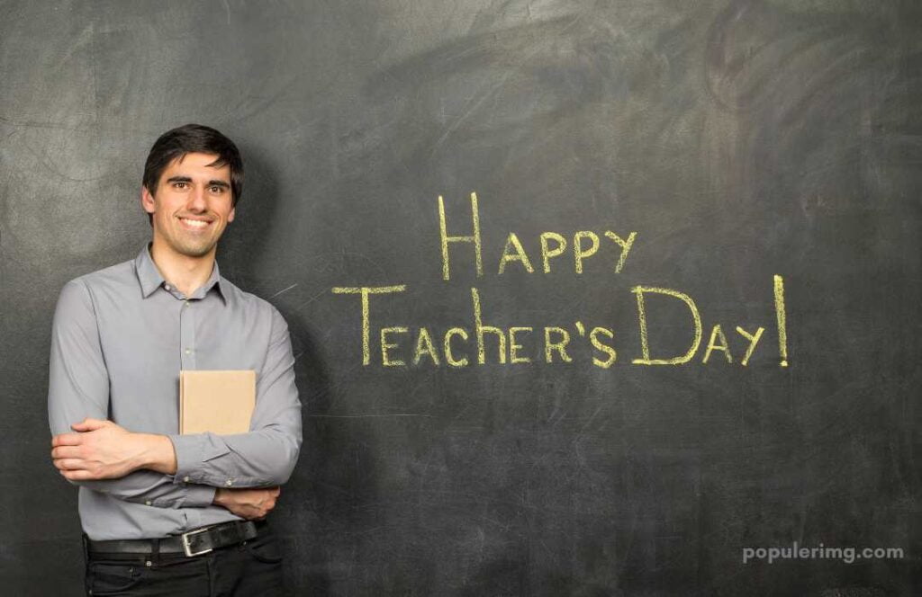 Boy Standing Near The Board Laughing Happy Teachers Day 