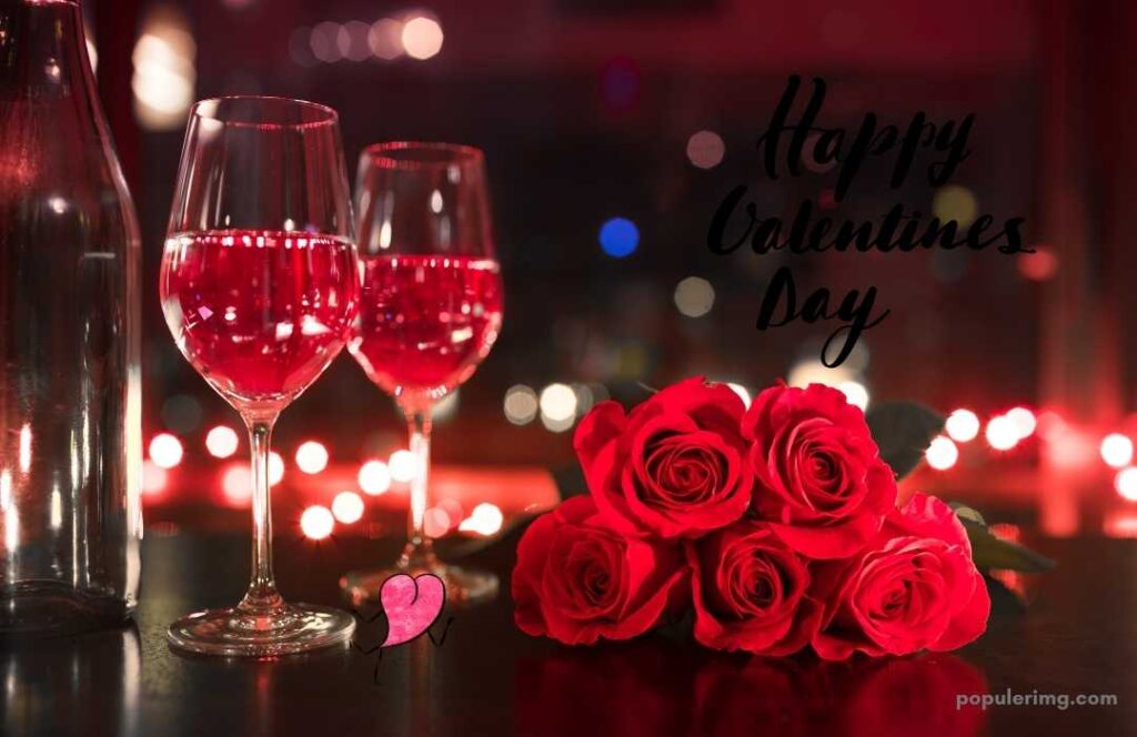 Red Flowers And Two Red Wine Glasses Image Happy Valentines Day 