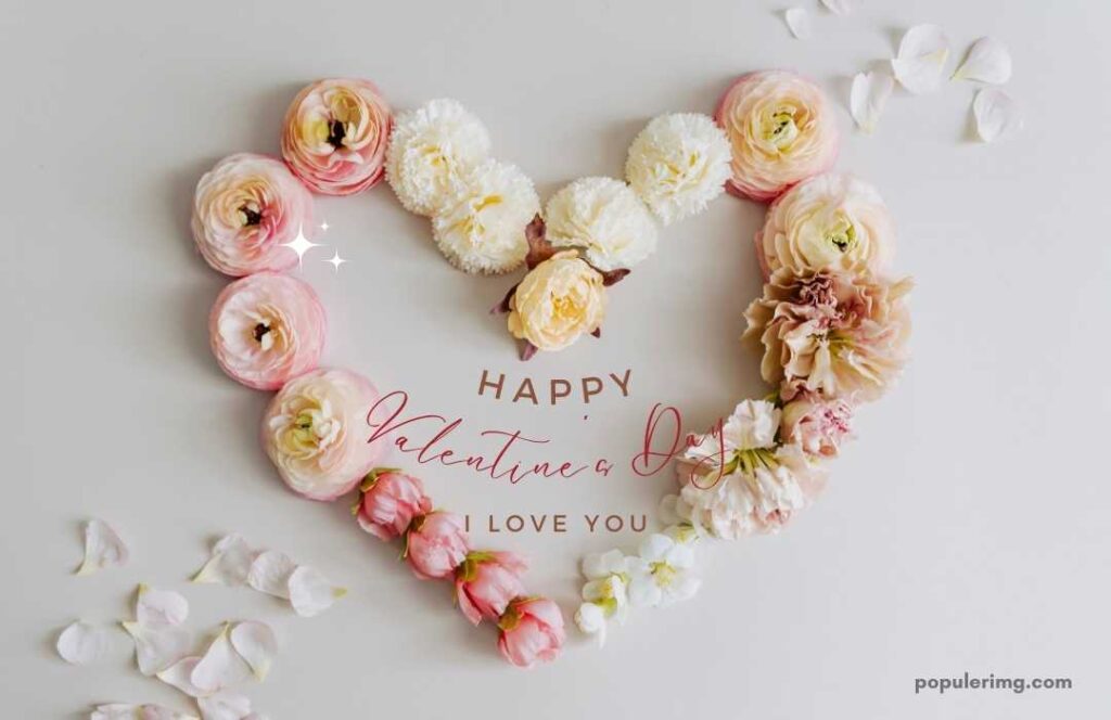 A Beautiful Heart Made Of Pink Flowers With Happy Valentine'S Day Love You Written On It