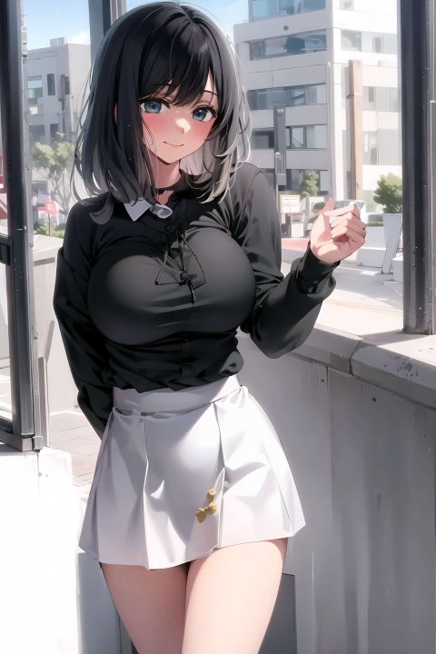An Anime Girl In A Black Shirt And Skirt.	