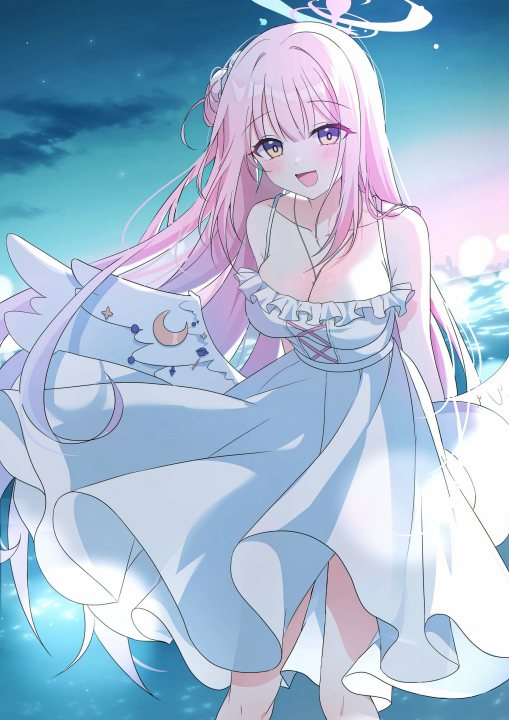 An Anime Girl In A White Dress With Pink Hair.	