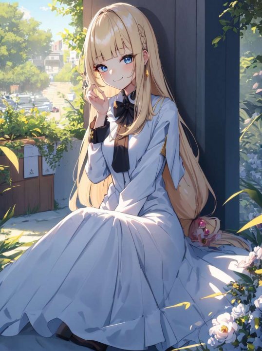 An Anime Girl In A White Dress Sitting On The Ground