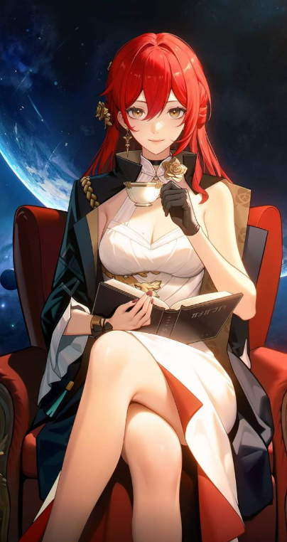 A Red Haired Anime Girl Sitting In A Chair.	