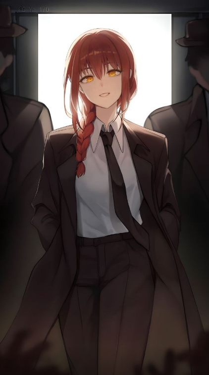 A Girl In A Suit And Tie Standing In Front Of A Group Of Men.	