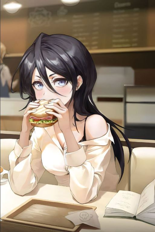 A Girl Sitting At A Table Eating A Hamburger.	