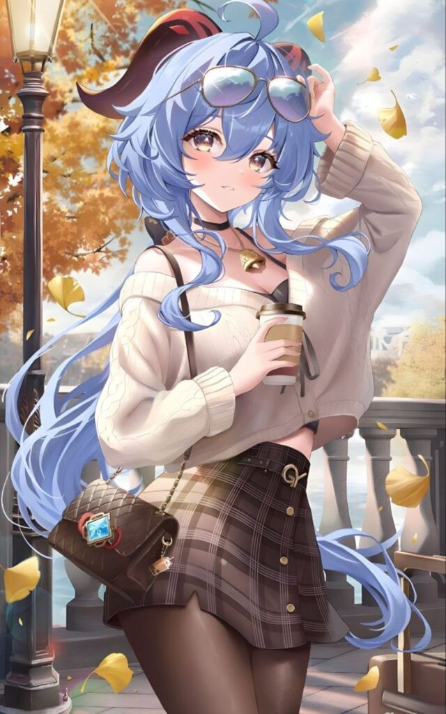Anime Girl With Blue Hair Holding A Bag.