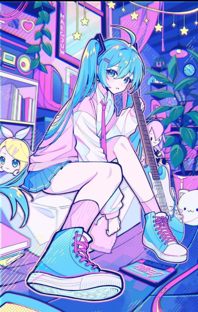 A Girl With Blue Hair And A Guitar Sitting In A Room.	