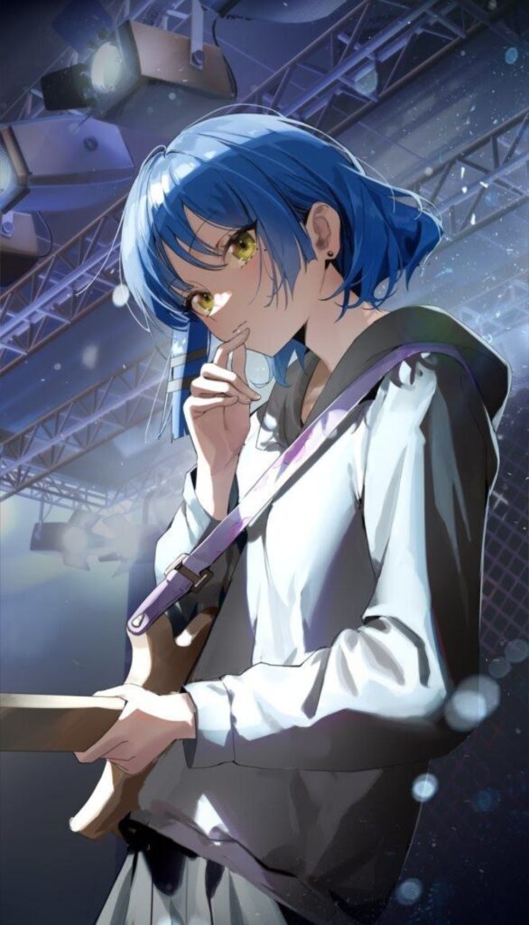 A Girl With Blue Hair Holding A Guitar.	
