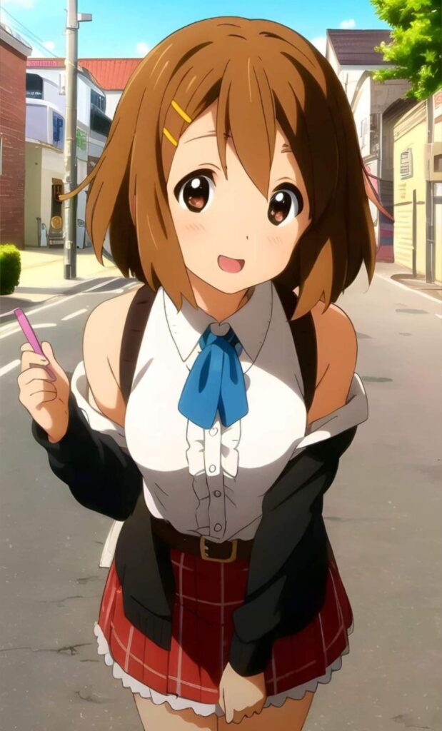 A Girl In A School Uniform Standing On The Street.	