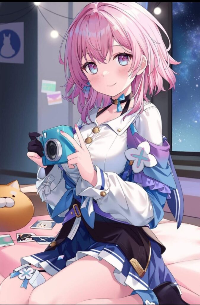 A Girl With Pink Hair Holding A Camera.	
