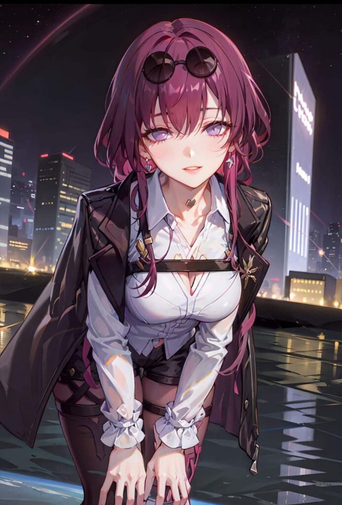 A Girl With Purple Hair Is Standing In Front Of A City.
