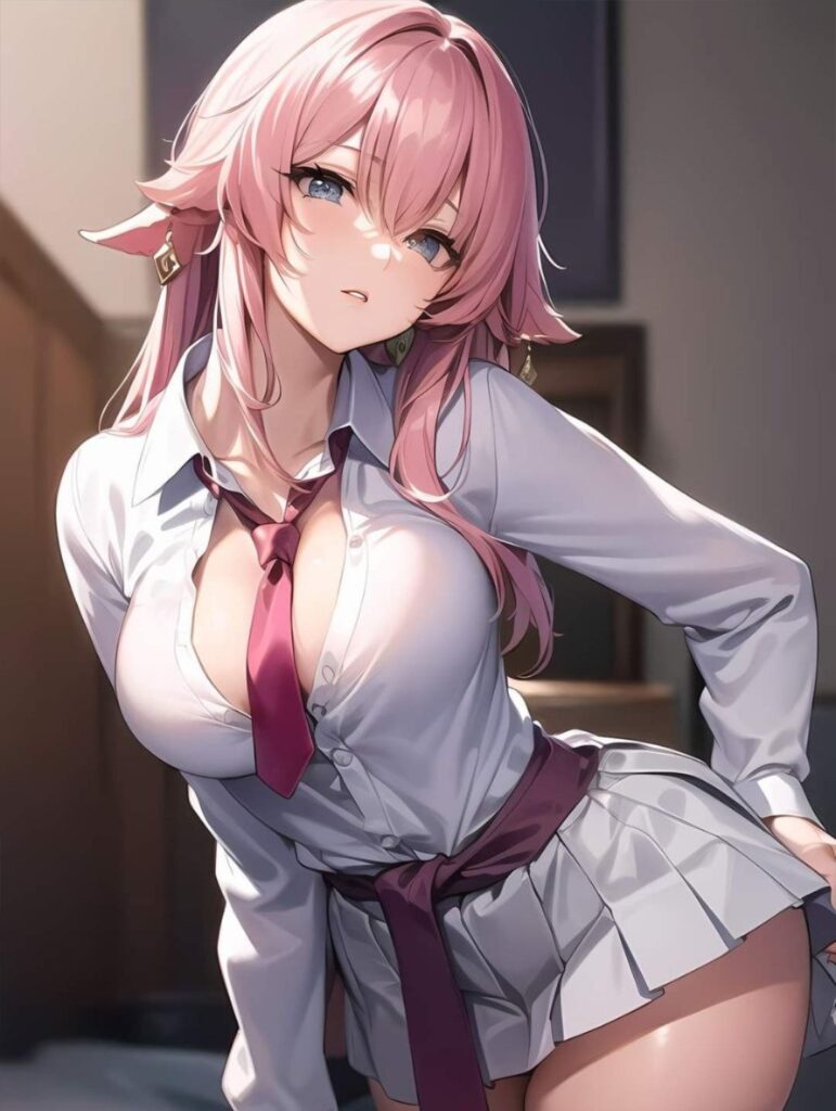 Sexy Anime Girl With Pink Hair Posing In A School Uniform.	
