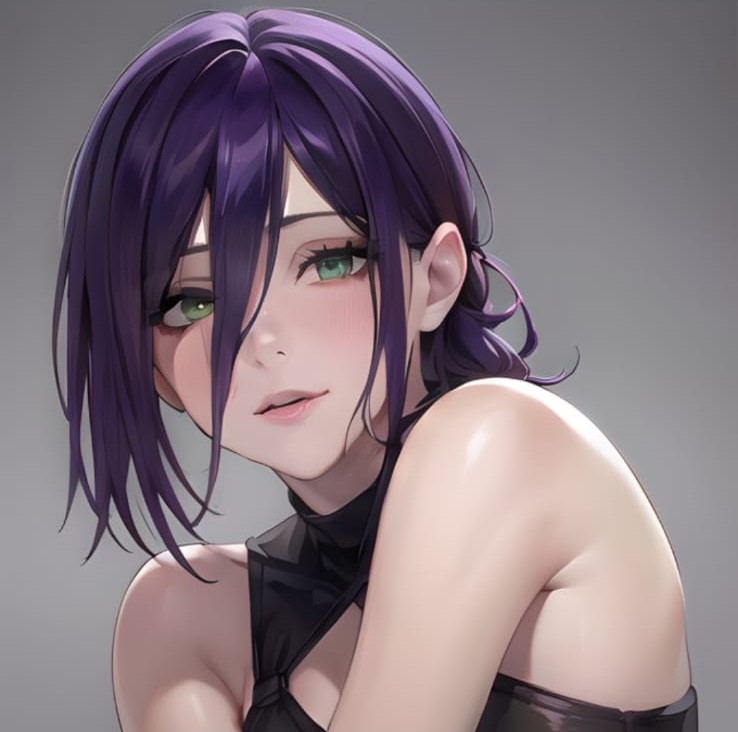 An Anime Girl With Purple Hair And Green Eyes