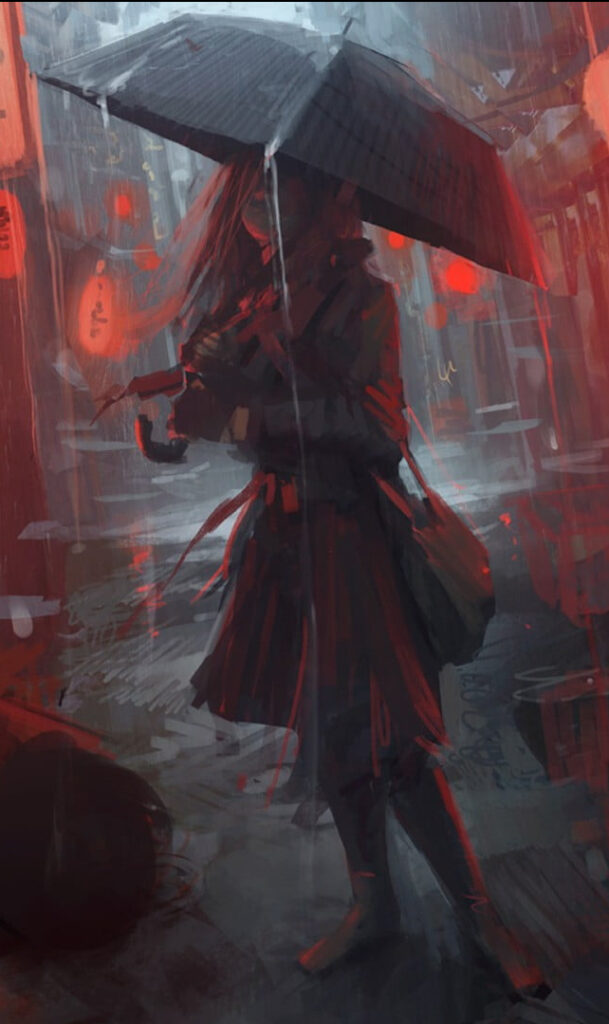 An Illustration Of A Girl Holding An Umbrella In The Rain.	