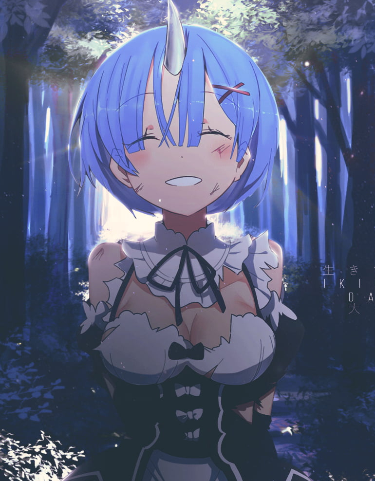An Anime Girl With Blue Hair Standing In The Woods.	