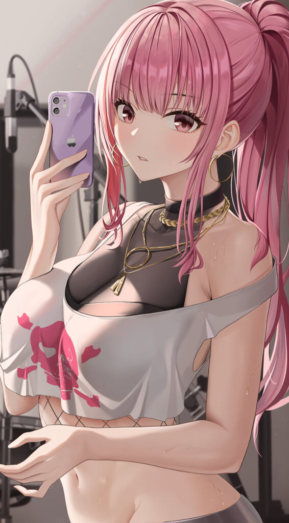 An Anime Girl With Pink Hair Taking A Selfie.	