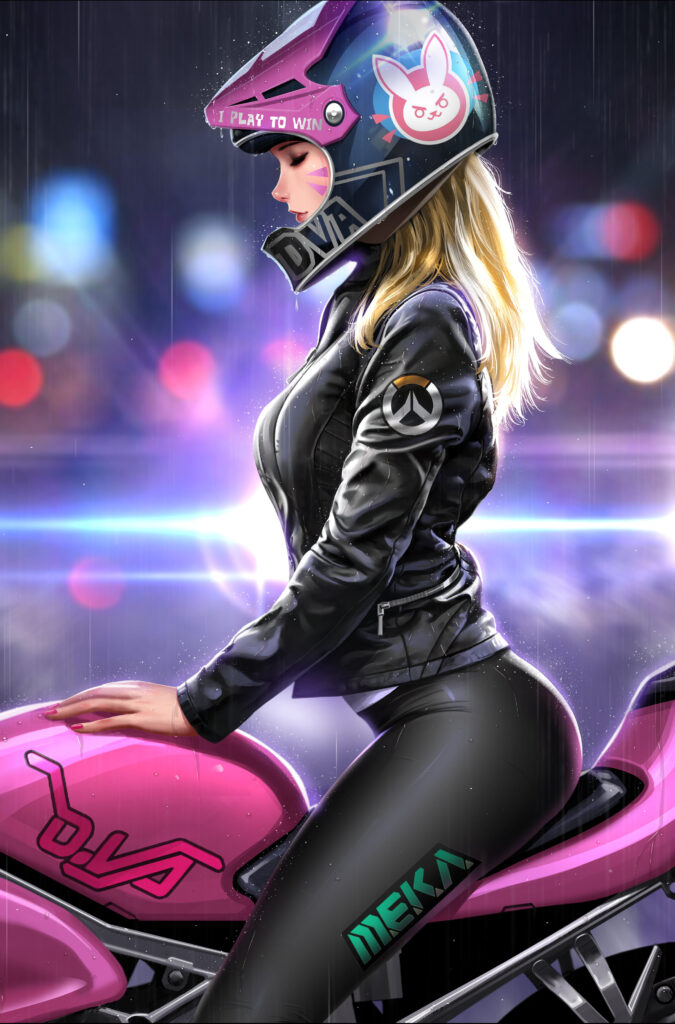 An Image Of A Woman Riding A Pink Motorcycle.	