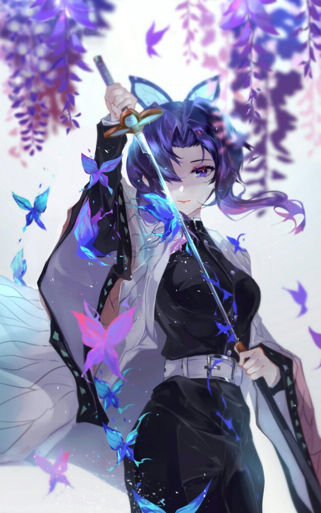 An Anime Girl With A Sword And Butterflies.	