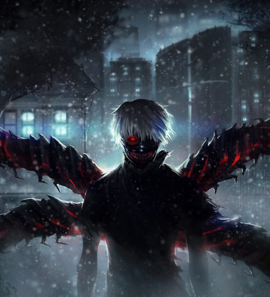 An Anime Character Standing In A Snowy City.	