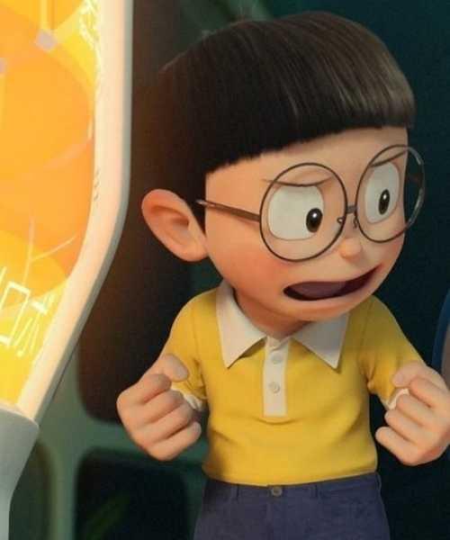 A Cartoon Boy Nobita With Glasses Is Standing Next To A Lamp.	
