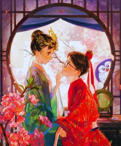 Two Women In Kimono Kissing In Front Of A Window.	