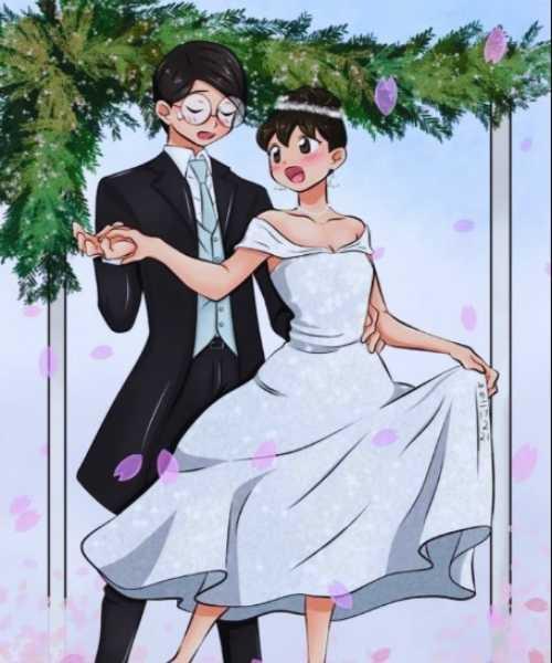 A Cartoon Of A Bride And Groom In A Wedding Dress.	