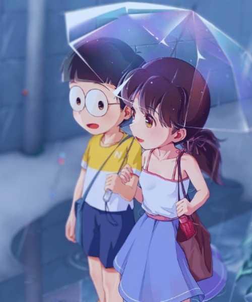 A Nobita And Shizuka Holding An Umbrella In The Rain	