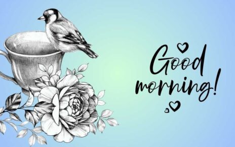 A Good Morning Card With A Bird And Flowers On A Blue Background.