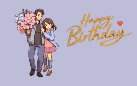 A Happy Birthday Card With A Couple Holding Flowers.