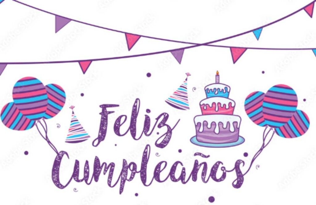 A Birthday Cake And Balloons With The Words Feliz Cumpleanos.	