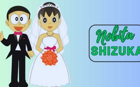 A Cartoon Bride And Groom With The Words Nobita Shizuka